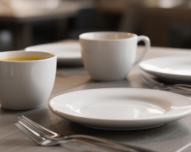 Suppentassen und flache Teller auf einem gedeckten Restauranttisch mit schlichten Bestecklinien