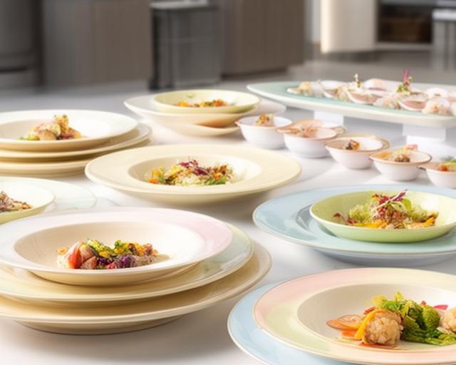 Grosse Platten und tiefe Schalen mit raffiniert angerichtetem Buffet in heller Gastronomieumgebung