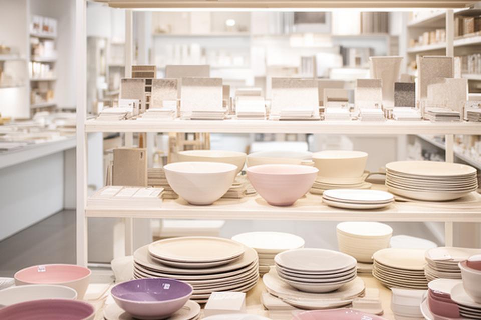 Heller Zürcher Showroom mit keramischen Schalen, Tellern und Musterstücken auf Regalen