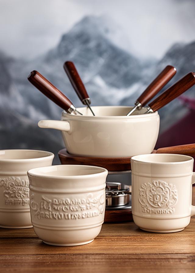 Exklusive Fondue-Sets mit geprägtem Schriftzug auf einem Holztisch in einer alpinen Szenerie mit feinem Keramikglanz