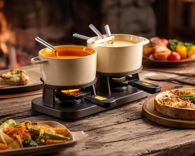 Fondue- und Raclette-Set aus Keramik auf einem alpinen Holztisch mit modernem, gepflegtem Look