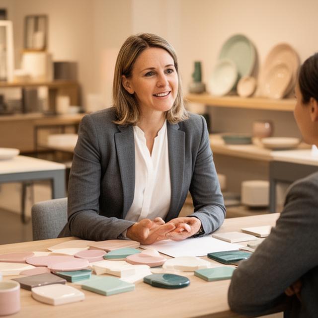 Sandra Brunner berät eine Kundin am Tisch mit Musterkollektionen und Notizen in Zürich