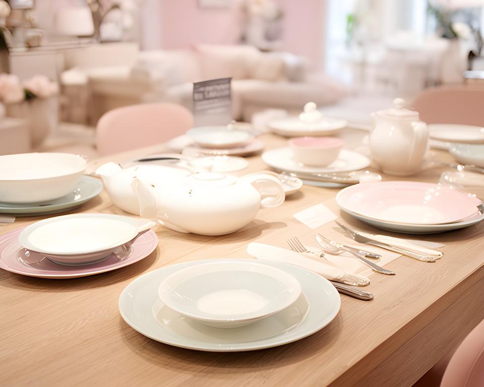 Elegantes keramisches Tafelservice auf einem grossen Holztisch in hellem Zürcher Showroom mit stilvoll gedeckter Atmosphäre