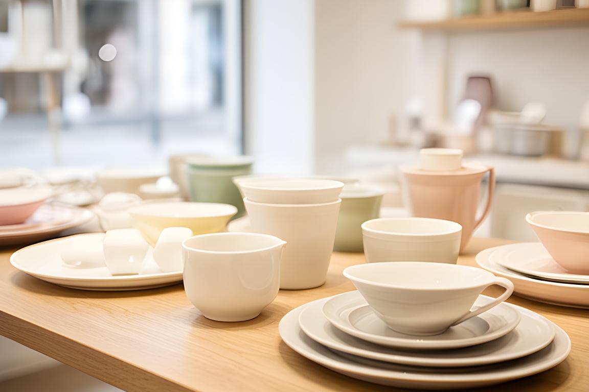Keramiktableware auf einem ruhigen Holztisch in einem hellen Zürcher Showroom mit eleganter Tageslichtstimmung