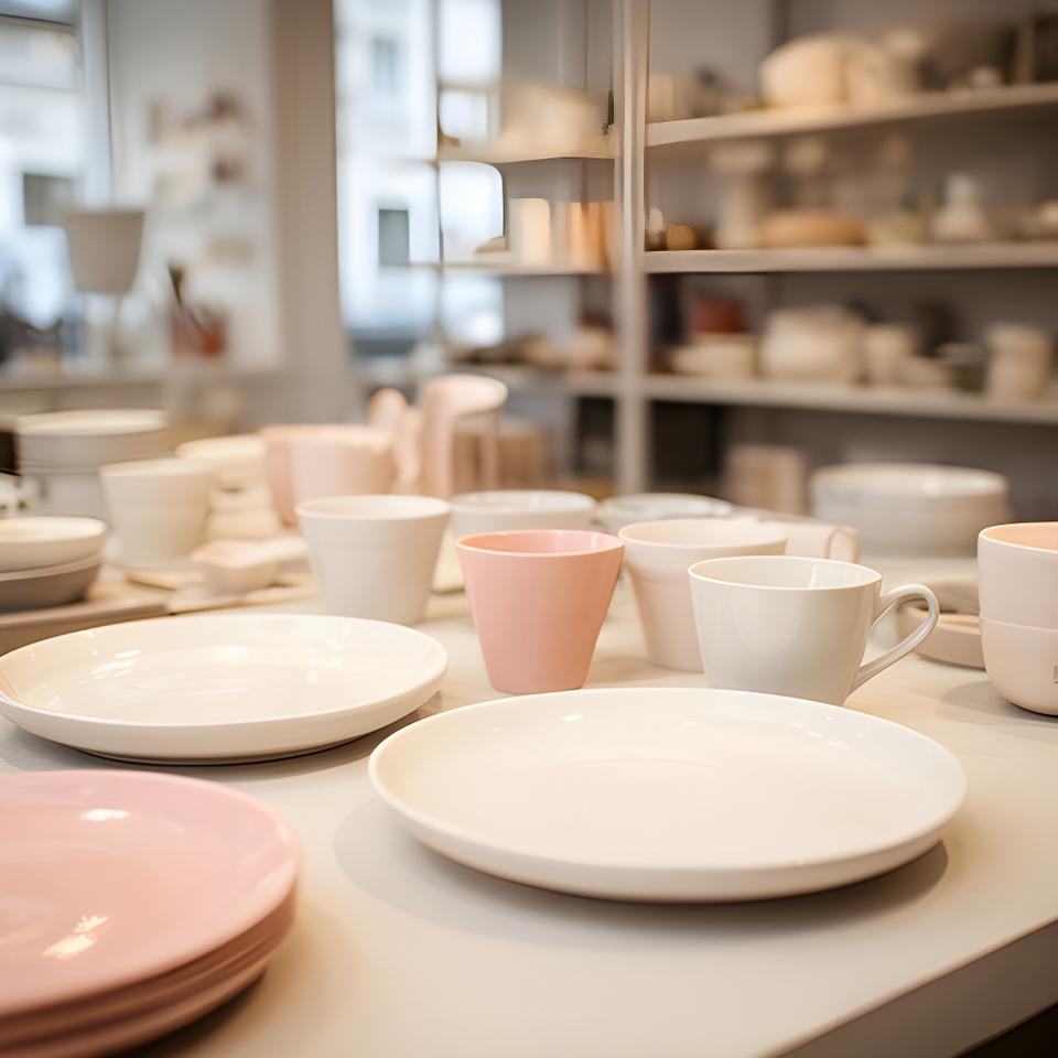 Keramische Teller und Tassen auf einem hellen Werktisch in einem Zürcher Showroom